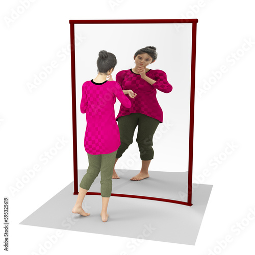 3D illustration of a slim woman looking at her fatter reflection in a concave mirror.