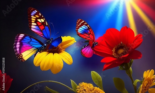 Red and Yellow Flowers with butterfly around them with a beam of sunlight © Sridhar