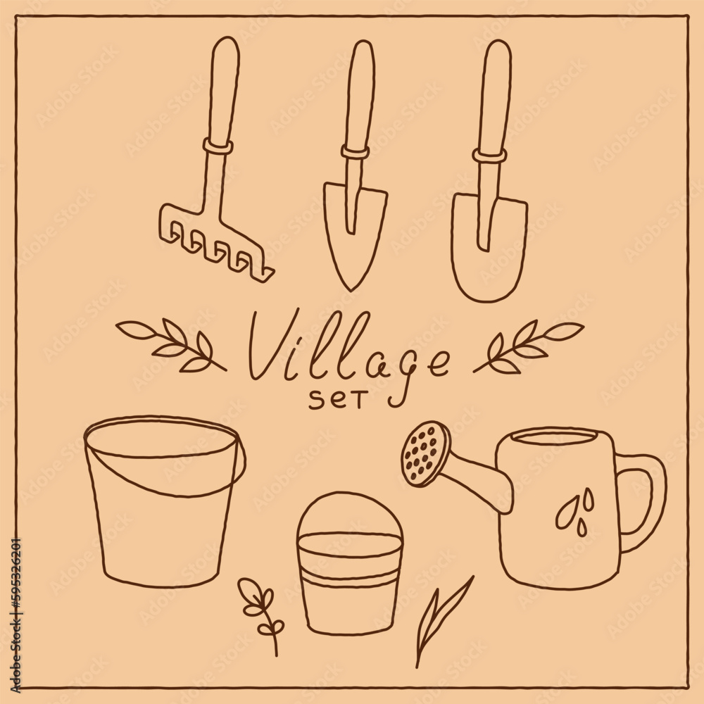 Village set vector illustration line cartoon style Village set vector illustration line cartoon style