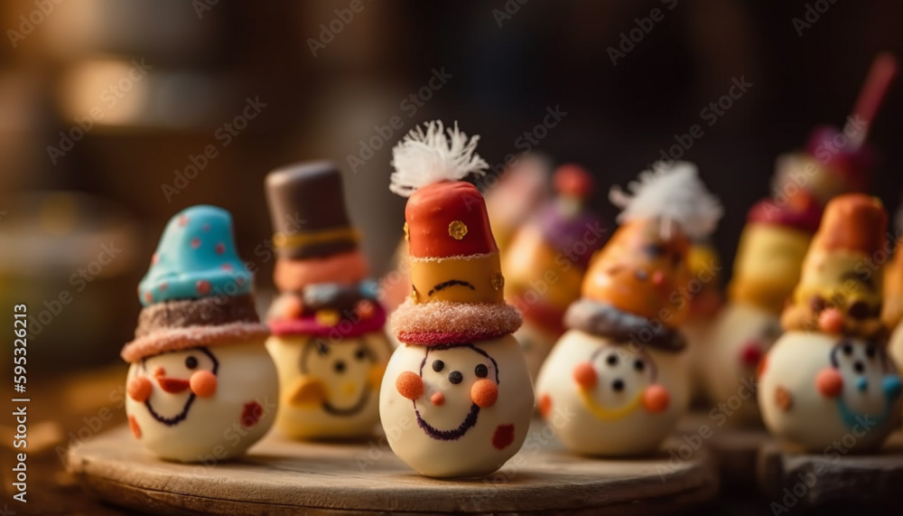 Homemade snowman decoration, winter celebration, sweet dessert generated by AI