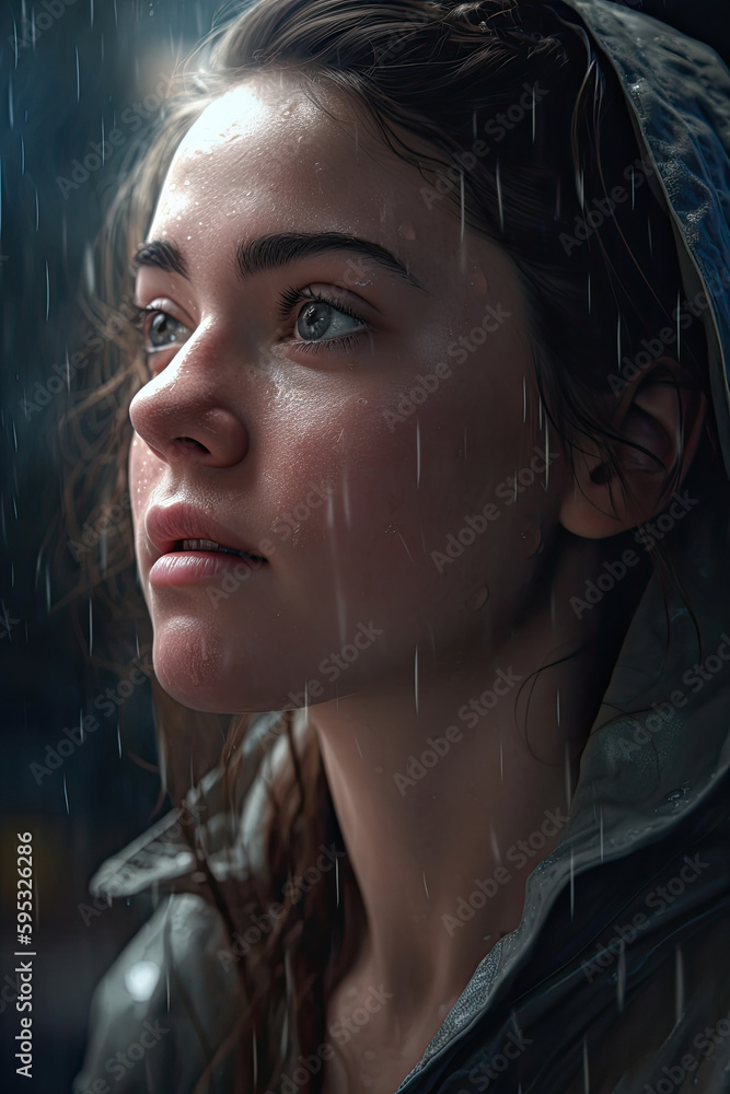 Porträt einer jungen Frau im Regen. Nahaufnahme einer jungen Frau mit Wassertropfen im Gesicht. Tränen im Regen. Ki generiert