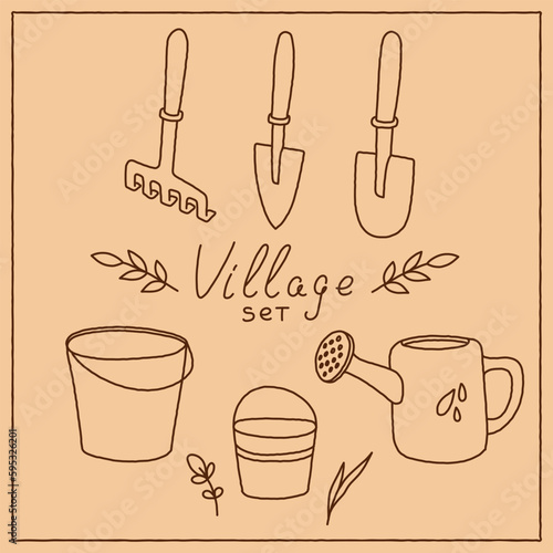 Village set vector illustration line cartoon style