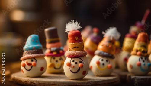 Homemade snowman decoration, winter celebration, sweet dessert generated by AI