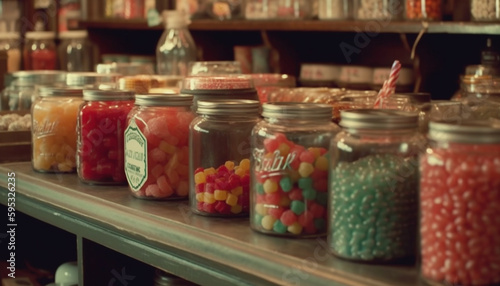 Abundance of sweet food in jars on shelf generated by AI