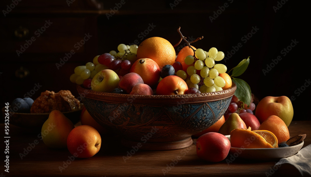 Abundance of juicy fruit in rustic bowl generated by AI