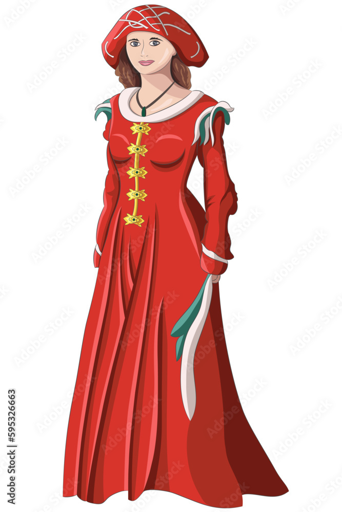 Vector drawing of a girl in a bright red medieval dress and headdress ...