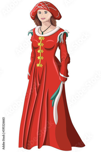 Vector drawing of a girl in a bright red medieval dress and headdress.