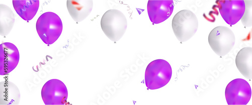 Celebrate with purple and white balloons with gold confetti for festive decorations vector illustration.