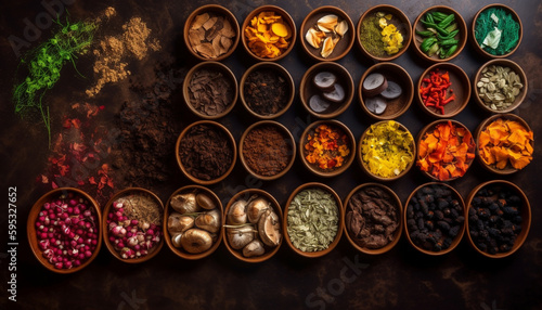 Variety of fresh fruit and spices arranged beautifully generated by AI