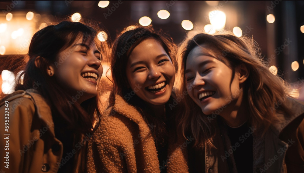 Young adults embracing, smiling under Christmas lights generated by AI