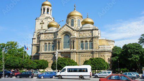 Street view of Dormition of the Mother of God Cathedral, largest church building in Varna Bulgaria