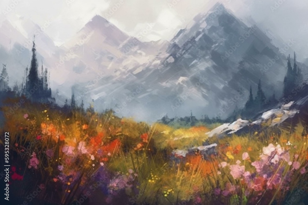Digital watercolor painting of mountains and wild flowers for printing. Generative AI