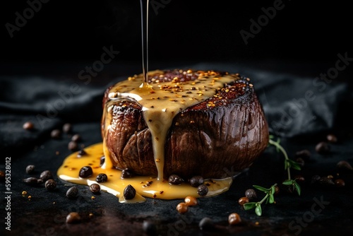 Juicy filet mignon steak with black pepper, butter sauce. Generative AI