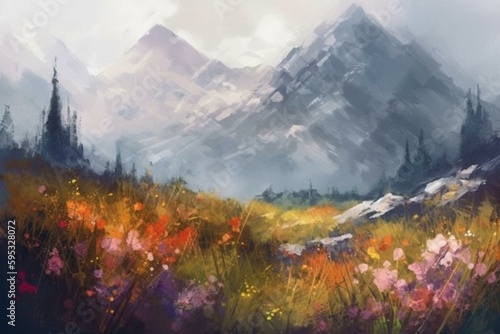 Digital watercolor painting of mountains and wild flowers for printing. Generative AI