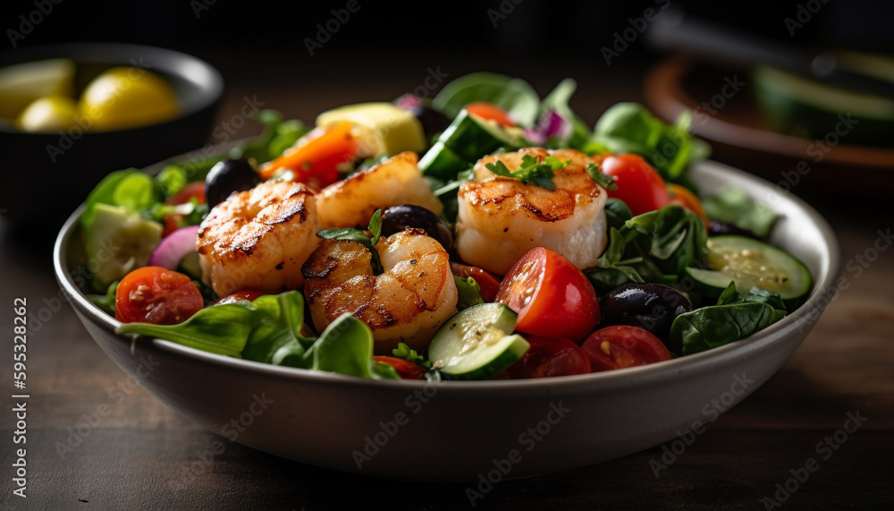 Fresh salad plate with grilled seafood fillet generated by AI