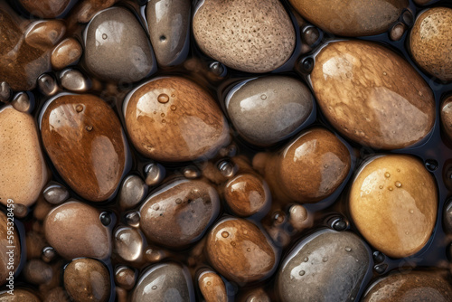 Pebble stones seamless background, adorned with glistening droplets of water. AI generated