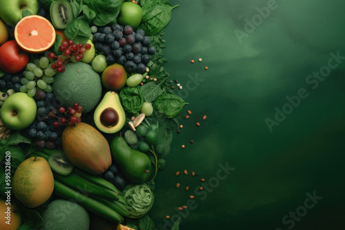 Vegetarian food on a textured green background. AI generated