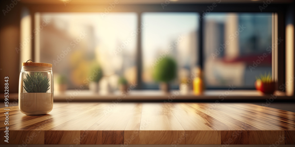 Empty wooden table with glass jar on the background of the window, Generative AI Illustration Empty wooden table with glass jar on the background of the window, Generative AI Illustration