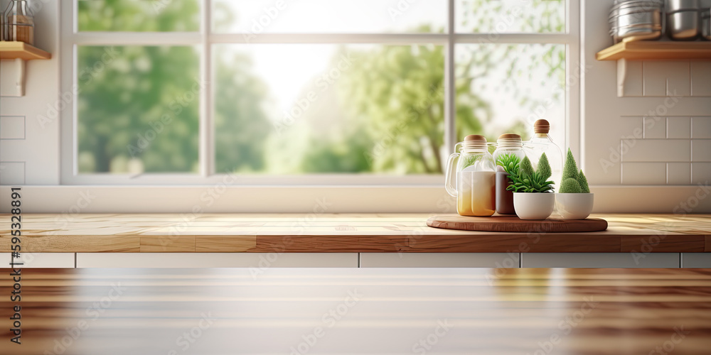 Empty wooden table with glass jar on the background of the window, Generative AI Illustration Empty wooden table with glass jar on the background of the window, Generative AI Illustration