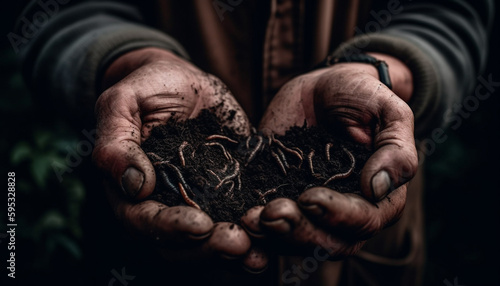 Caucasian man holding seedling, planting in dirt generated by AI © Stockgiu