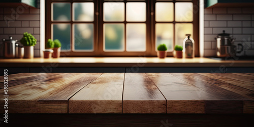 Empty wooden table with glass jar on the background of the window  Generative AI Illustration