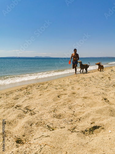 hombre corriendo con perros playa jugando