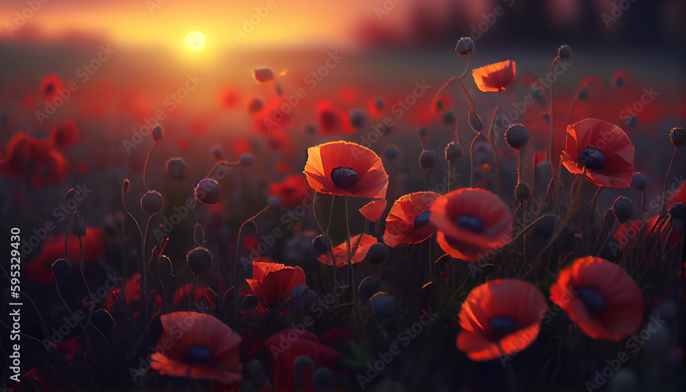 Realistic Poppy field at sunset Ai generated image