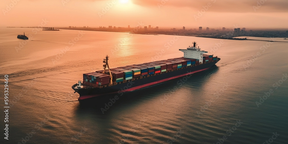 Aerial view container cargo ship, global business commercial trade logistic transportation of international by container cargo ship, Container cargo freight shipping at port generated by AI.