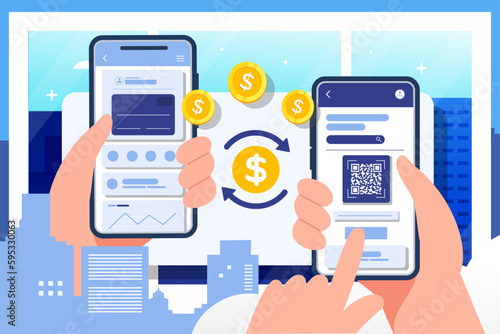 Mobile money transfer with hand holding mobile phone.Transfer money by online internet banking all around the world illustration.