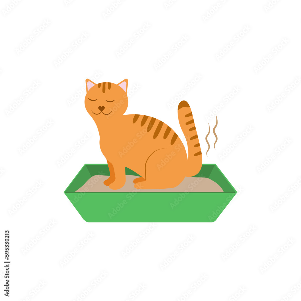 Cartoon cat pooping in litter box. Cute and funny kitty drawing. Pet life vector illustration