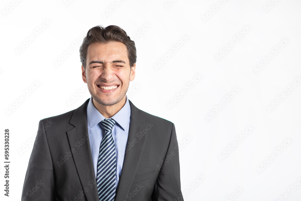 Very happy businessman smiling isolated on white background. Copy space and place for text concept Very happy businessman smiling isolated on white background. Copy space and place for text concept