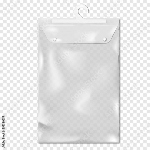 Clear PVC bag with snap button fastener and plastic hanging hook on transparent background realistic vector mock-up. Empty vinyl pouch package mockup. Template for design
