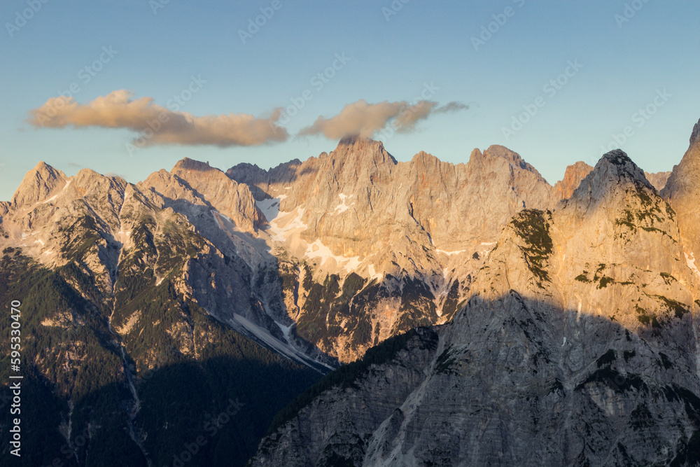 Views of Slemenova mountain trail from Vrsic in Slovenia