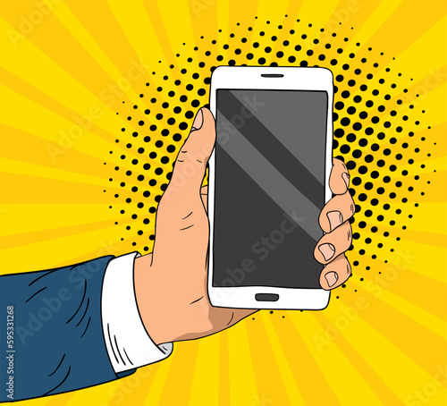 Hand holding smartphone banner in pop art style design