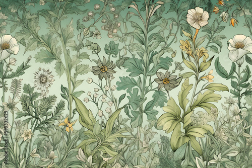 **a pattern of ntertwined wild flowers and foliage, viridian, watercolour, intricate, highly detailed, small scale pattern, some color blending, liberty of london, William Bartram generative ai photo