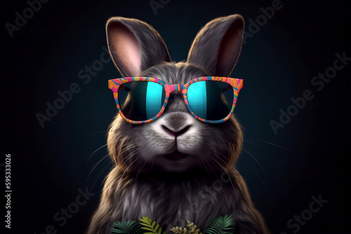 Cute Rabbit with Sunglasses on Black Background Summer Generative AI © SatoriVerse