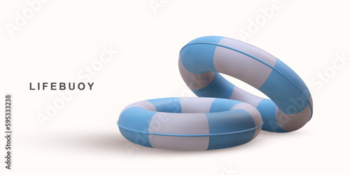 3D realistic blue lifebuoy. Vector illustration.