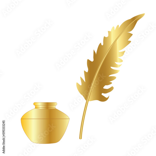 gold feather and ink on transparent and black background