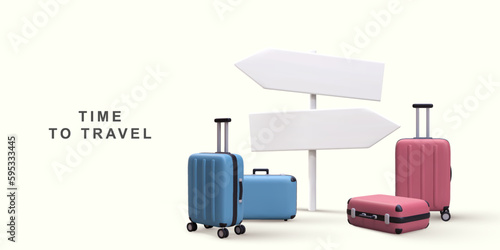3d world travel concept with pointer and handbags. Vector illustration