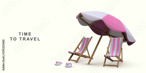 3d realistic summer vacation concept with beach chair,umbrella and summer elements. Vector illustration.
