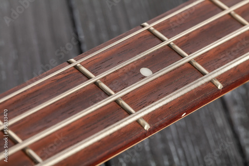 bass guitar fretboard on wood background