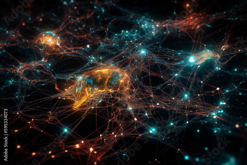 Advanced AI network for advanced machine learning: interconnected nodes and pathways, a neural network, and neon colors for powerful artificial intelligence technology