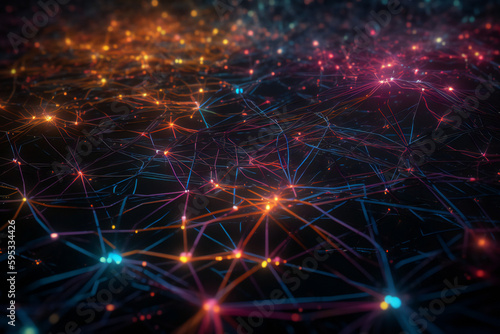 Advanced AI network for efficient artificial intelligence technology: interconnected pathways, a neural network, and neon colors for powerful machine learning