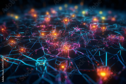 AI network for powerful machine learning: interconnected nodes and pathways, a neural network, and neon colors for advanced artificial intelligence technology