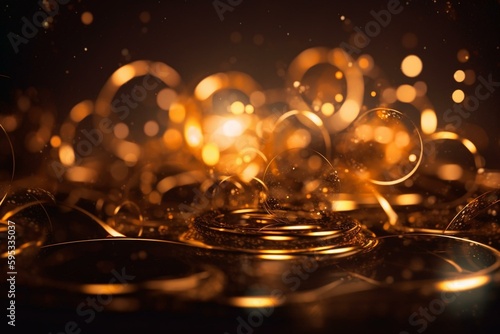 Gold lines and circles with bokeh particles  abstract energy background. Generative AI