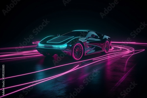 3D neon car light trails in cyan and pink. Generative AI
