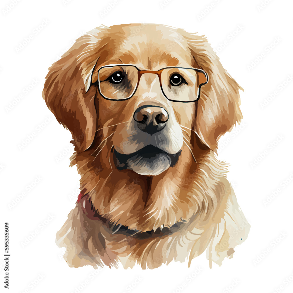 Dog Golden Retriever watercolor painting. Adorable puppy animal isolated on white background. Realistic cute dog portrait vector illustration
