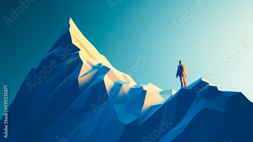 Valokuva Goal to success for level up with person climbing on route slope to mountain peak