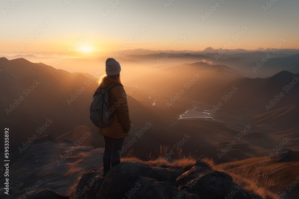 Abstract Female Hiker stands at the summit of a difficult mountain climb to be greeted with a beautiful view of the sunrise. Generative ai. Advertising photography style. Abstract Female Hiker stands at the summit of a difficult mountain climb to be greeted with a beautiful view of the sunrise. Generative ai. Advertising photography style.