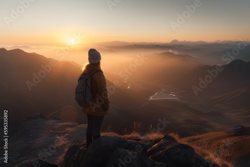 Abstract Female Hiker stands at the summit of a difficult mountain climb to be greeted with a beautiful view of the sunrise. Generative ai. Advertising photography style.